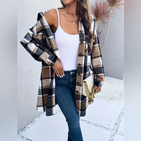 Brand New Camel Brown Flannel Shacket Coat Plaid Button Down Shirt Jacket - Picture 6 of 16